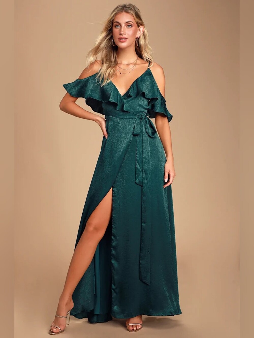 Lulu's Moriah Emerald Green Satin Wrap Maxi Dress